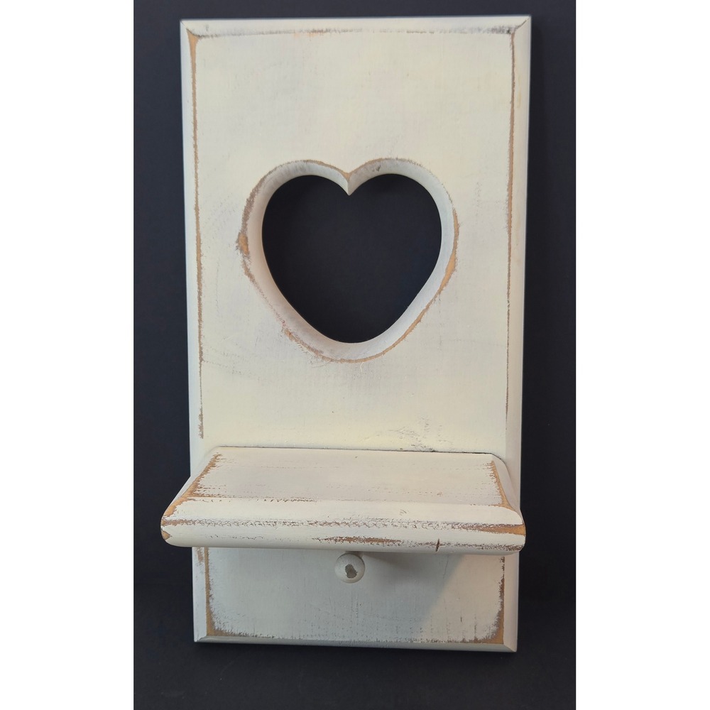 Distressed White Wood Wall Shelf Heart Cutout Primitive Farmhouse Decor